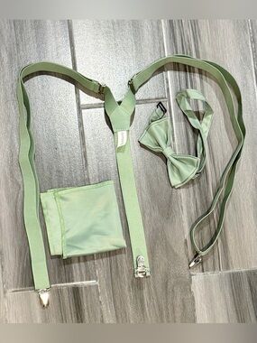Men's Light Green Suspenders Set with Bow Tie and Pocket Square